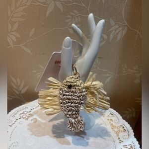 Anthropologie Crochet Woven Fish Bag Charm with Pearl Beige